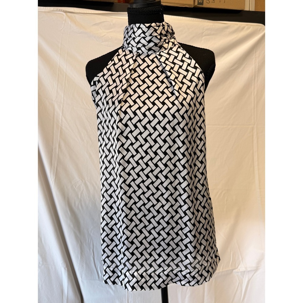 Orbis Black White Geometric Halter Top Mock Neck Keyhole Back Blouse Womens M